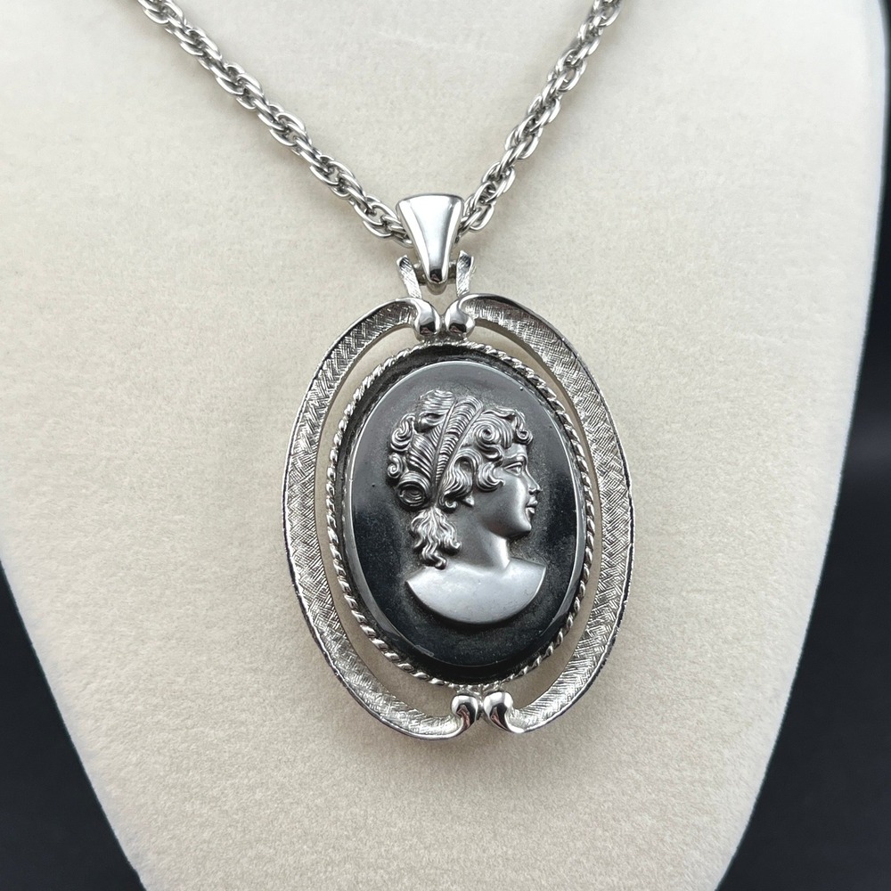 Vintage Cameo Pendant Necklace Silver Tone Black Signed BJ 24"